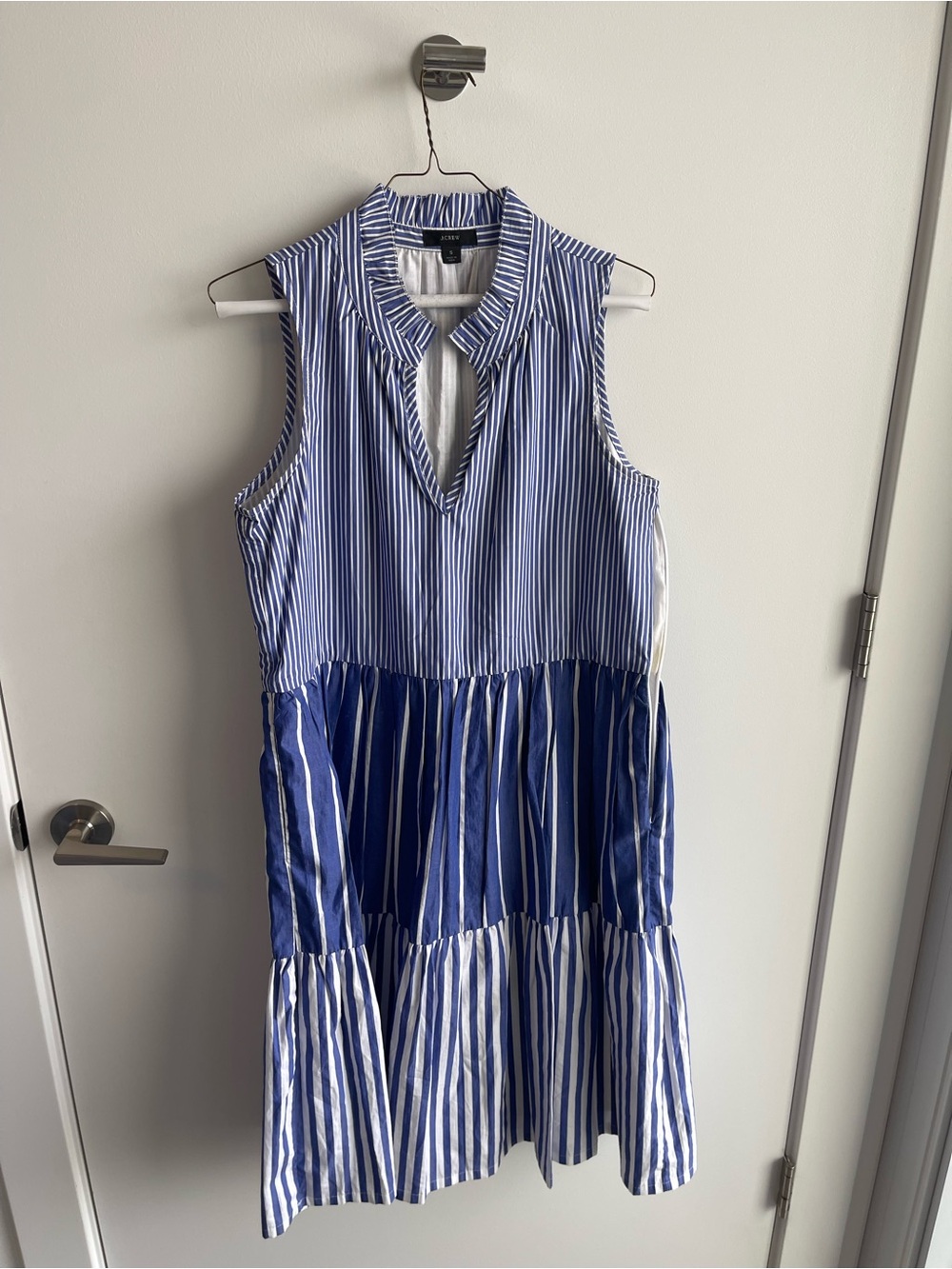 J. Crew Blue and White Striped Sleeveless Tiered Midi Dress